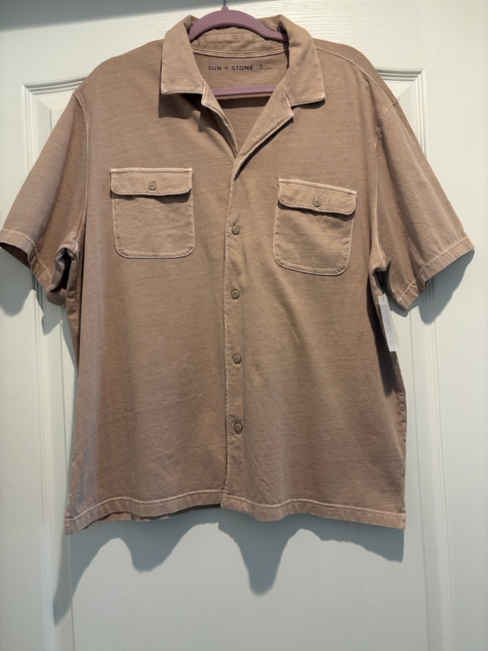 Sun + Stone Men's Short Sleeve Button-Up Camp Shirt in Taupe Brown
